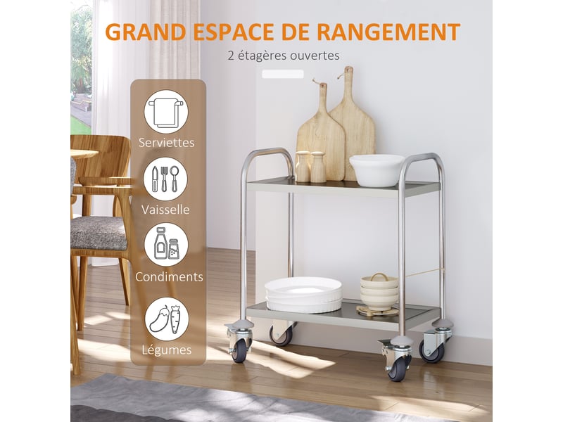  Chariot de service desserte de cuisine à roulettes 2 étagères 80l x 45l x 82h cm inox acier. Chromé  - Conforama A