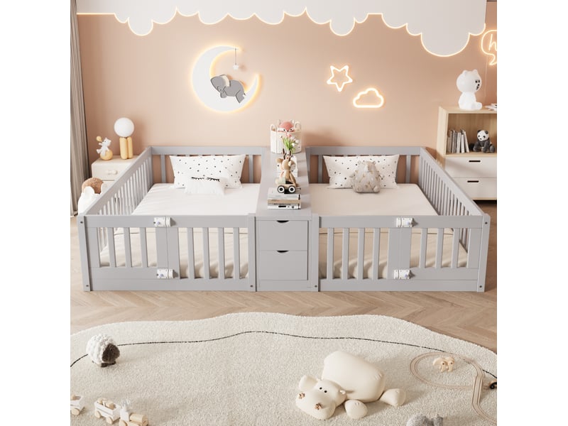 Lit enfant double 2 x 90 x 200 cm avec rangements, barrières de sécurité, gris - Conforama D