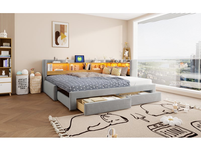  Lit gigogne,90x200cm/180x200 cm,coffre,3 en 1,avec led et prises,velours,gris  - Conforama B