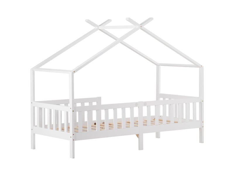  Magnifique lit cabane, lit enfant en bois massif avec barrière et sommier à lattes, pour chambres d'enfants et d'adolescents avec protection antichute, blanc (200x90 cm)  - Conforama E