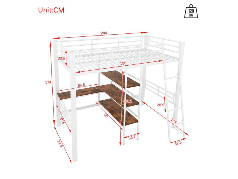 Lit mezzanine 90x200 en métal blanc, lit avec bureau intégré et étagères de rangement, sommier inclus, pour chambre d'enfant. - Conforama C