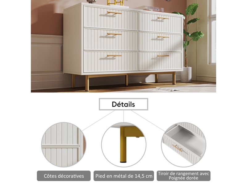  Buffet de rangement 120x40x75 cm, 6 tiroirs, façades cannelées, pieds métal, grand rangement pour salon et salle à manger - blanc AB20875152W - Conforama D