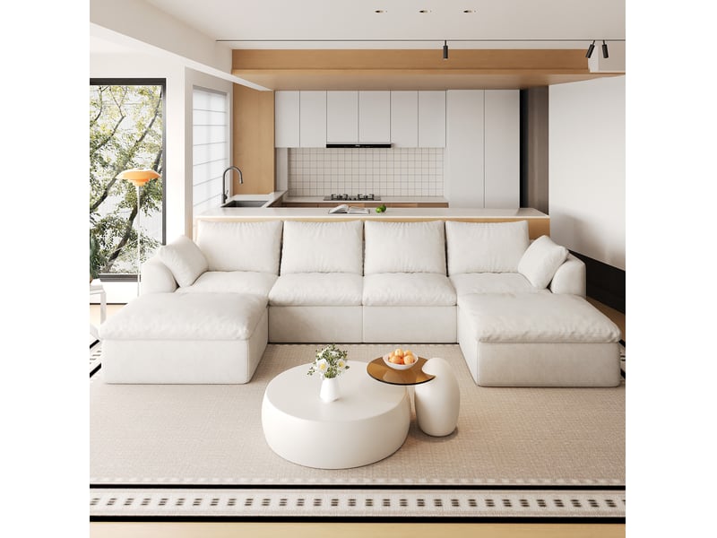  Canapé nuage panoramique en u 6 places 310x155x83 cm en tissu beige blanc  - Conforama B