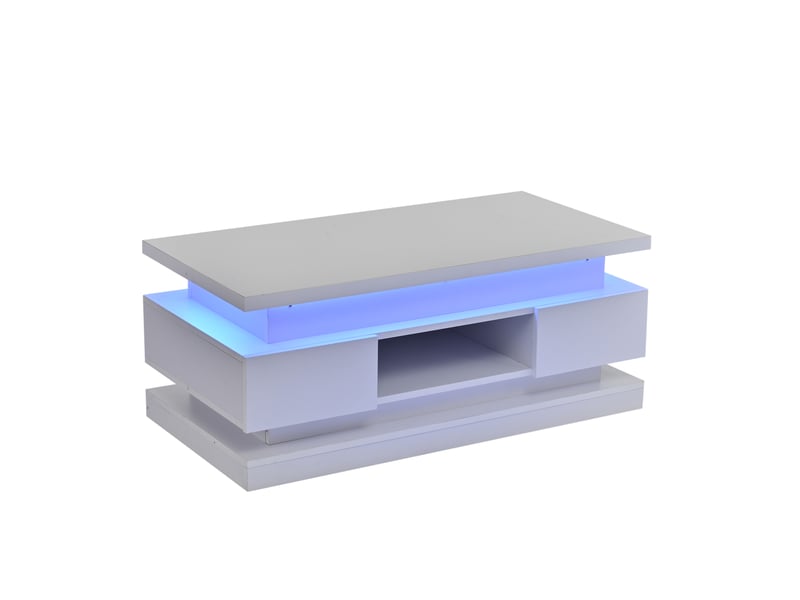  Table basse relevable 100x50 cm avec led et port usb, 2 tiroirs, rangement caché, finition brillante, blanc  - Conforama A