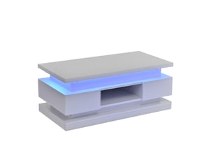 Table basse relevable 100x50 cm avec led et port usb, 2 tiroirs, rangement caché, finition brillante, blanc