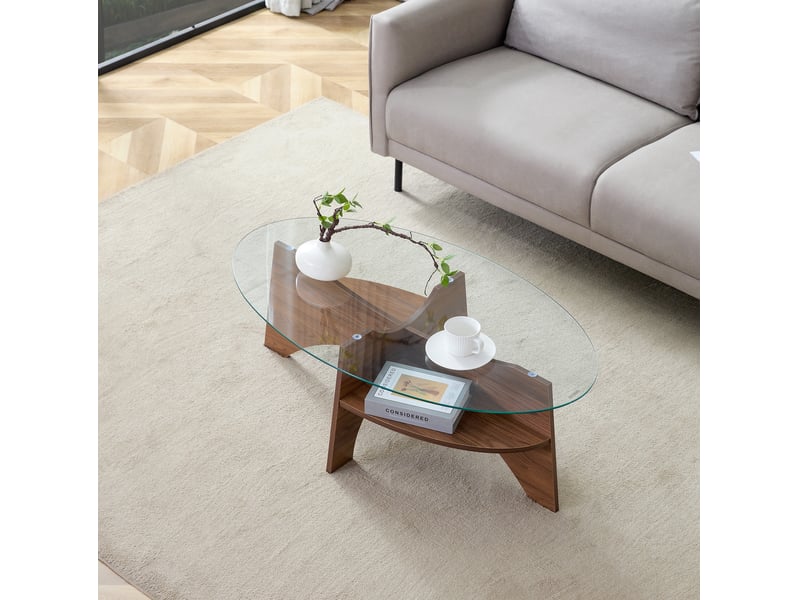  Table basse ovale avec plateau en verre de sécurité et tablette de rangement, supports en mdf finition noyer pour salon  - Conforama D