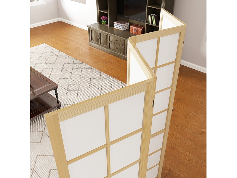 Paravent 4 panneaux pliable, séparateur d’espace et brise-vue intérieur en bois et tissu naturel 160 × 170 cm - Conforama E