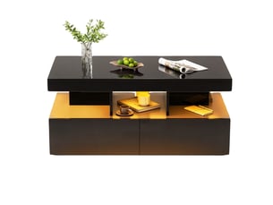 Table basse fixe able – basse laquée noire – table basse led avec 2 grand tiroir de rangement et compartiment – grand espace de rangement