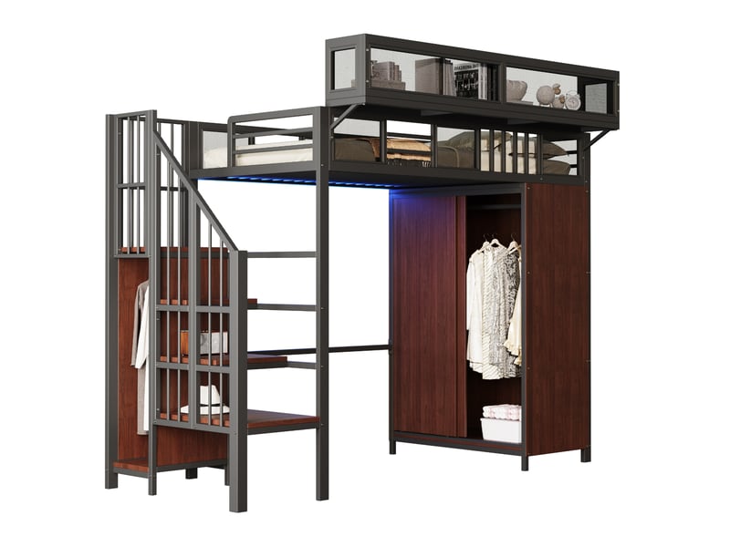  Lit mezzanine enfant 90x200 cm – noir – armoire, rangements, led et échelle sécurisée - sans matelas  - Conforama A
