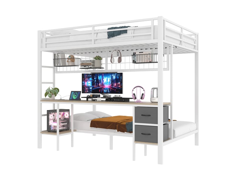 Lits superposés enfant 140x200 cm, led, bureau, tiroirs, étagère, usb, sommiers, métal blanc, sans matelas - Conforama A
