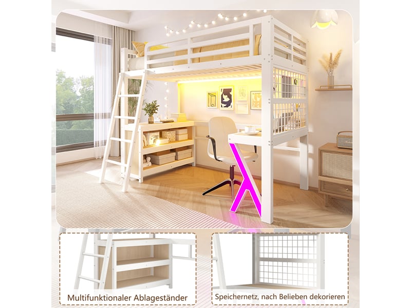  Lit mezzanine 90 x 200 cm avec bureau intégré, armoire et étagères, éclairage led multicolore et garde-corps, métal, blanc Morn Vibe - Conforama E