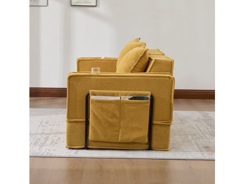  Canapé modulable 2 pl 162x78x66 cm, pour salon, confort, stockage, poches latérales, coussins, tissu en chenille, jaune moutarde  - Conforama E