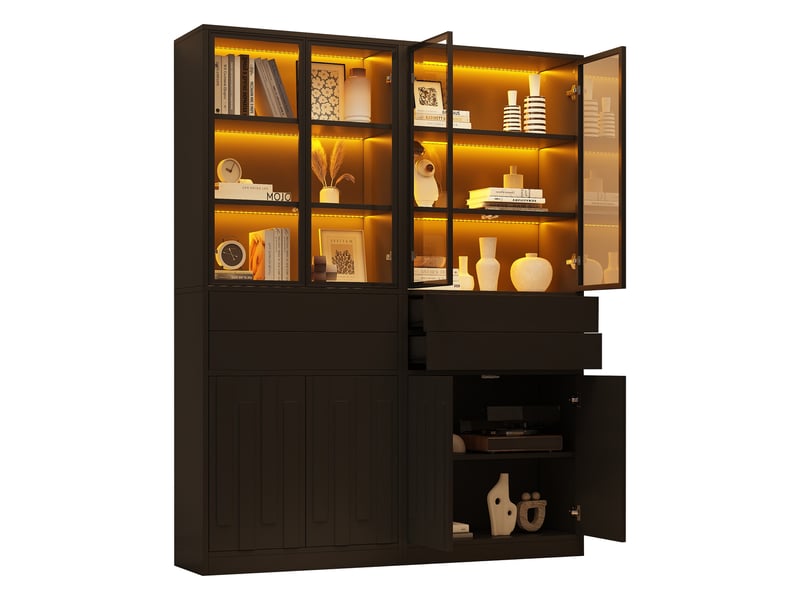  Lot de 2  vitrine led 140x34x180 cm, grand rangement avec 8 portes et 4 tiroirs, bluetooth, noir  - Conforama A