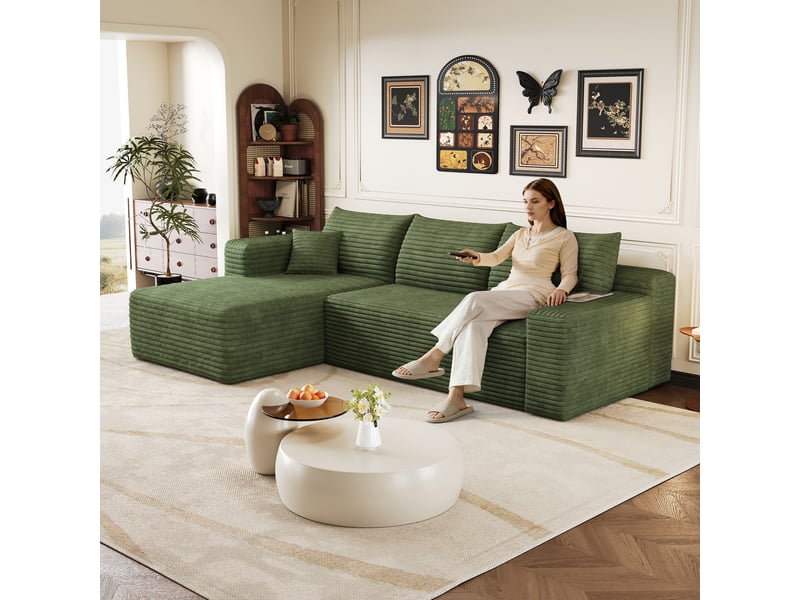  Canapé d’angle vert en velours côtelé, canapé en l 241 cm, 3 places à assise profonde pour salon, mousse haute élasticité  - Conforama D