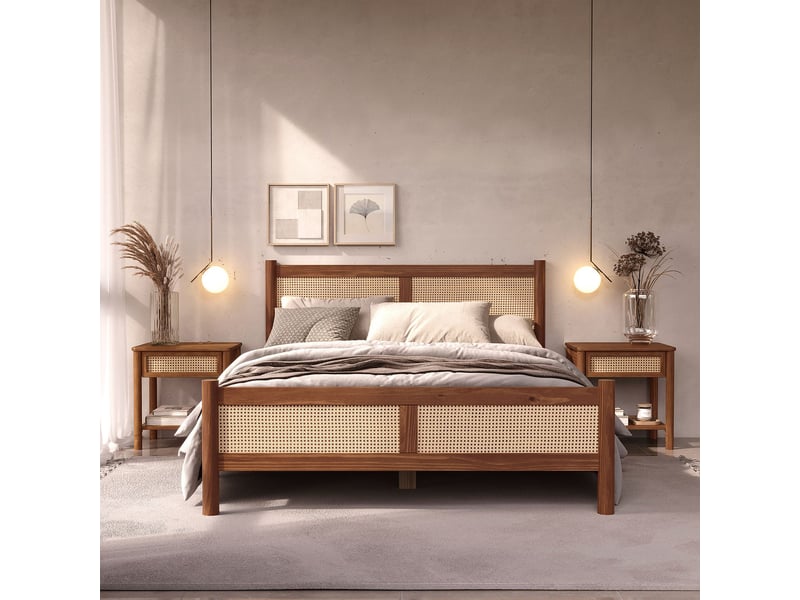Lit double cefira 160x200 avec tête de lit en rotin - coloris châtaigne - Conforama C