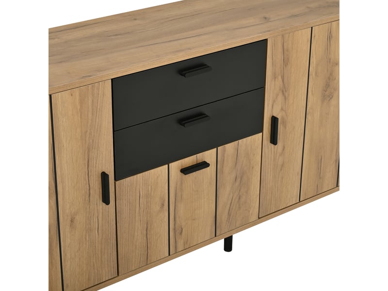 Buffet 140x35x67cm, meuble bas avec pieds surélevés 15cm, 2 tiroirs intégrés et 3 portes séparées, noir - Conforama W