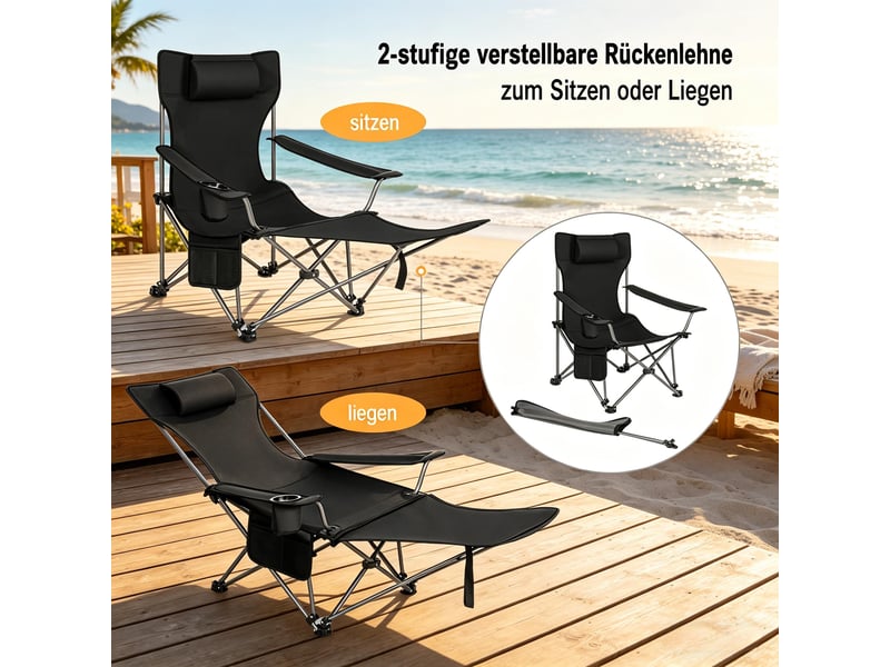  Chaise de camping pliante,115x84x88,5 cm,avec repose-pieds,tissu oxford,noir  - Conforama D