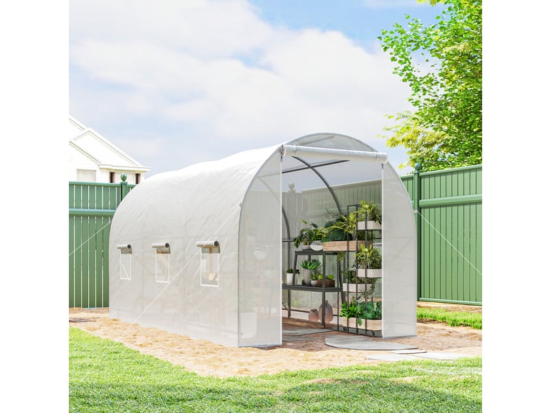  Serre tunnel 3,5 x 2 x 2 m avec 6 fenêtres en filet et porte enroulable avec fermeture éclair anti-uv, blanche  - Conforama D
