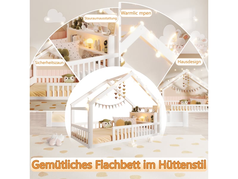  Lit simple 90x190 cm avec barrières de sécurité, lit enfant avec cadre en pin, pour 1 personne, blanc  - Conforama W