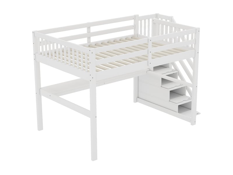  Lit mezzanine enfant 90x200 cm avec escalier de rangement, bureau et garde-corps, sommier inclus, pin, blanc, sans matelas  - Conforama D