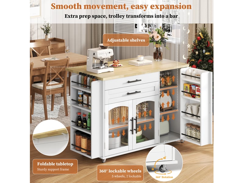 Desserte de cuisine extensible 120 x 4570 cm – blanc et naturel – 5 roues verrouillables, rangement modulable - Conforama E