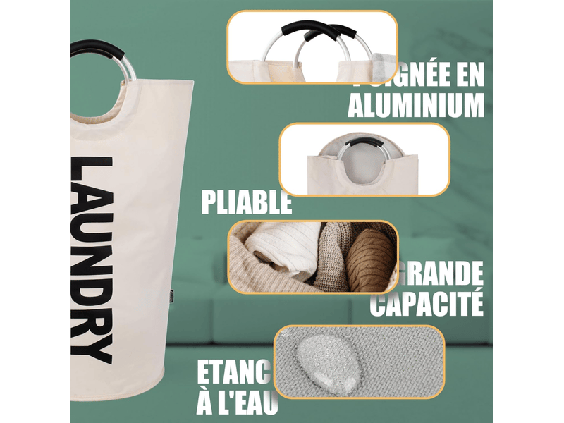  Panier à linge de 90l de grande capacité, sac à linge pliable avec poignées rembourrées, paniers à linge, idéal pour le rangement et le transport  - Conforama D