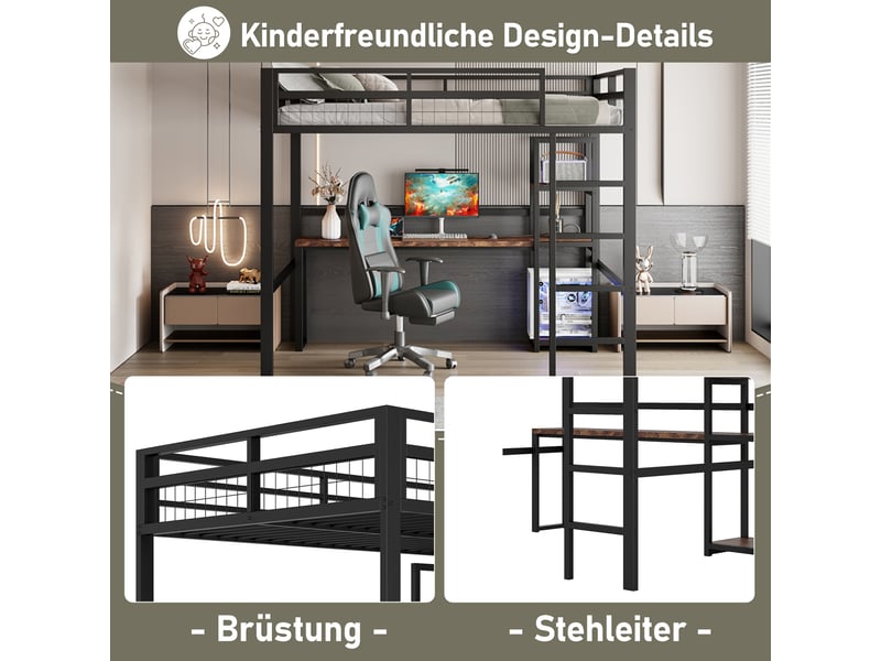  Lit mezzanine 140 x 200cm, noir, sans matelas, structure métal, bureau et étagères, usb type-c, échelle  - Conforama E