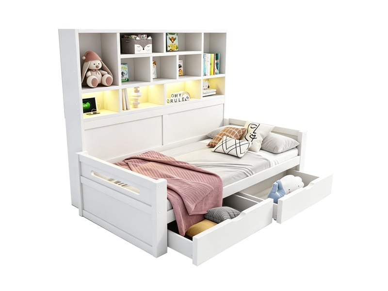 Lit 1 personne 90x200 cm avec rangement - 2 tiroirs - tête de lit led avec prises - étagères - blanc - Conforama A