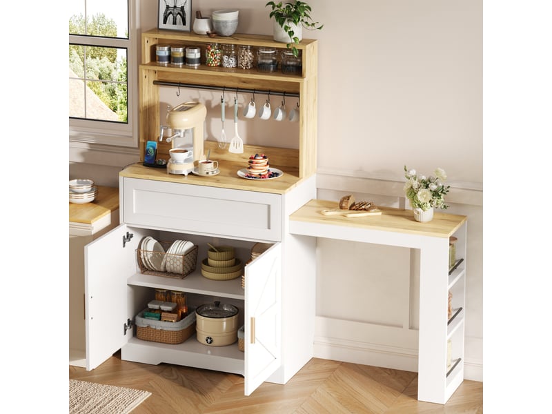 Meuble de cuisine blanc avec plan de travail coulissant muvano, étagères réglables, 146 × 40 × 142 cm - Conforama D