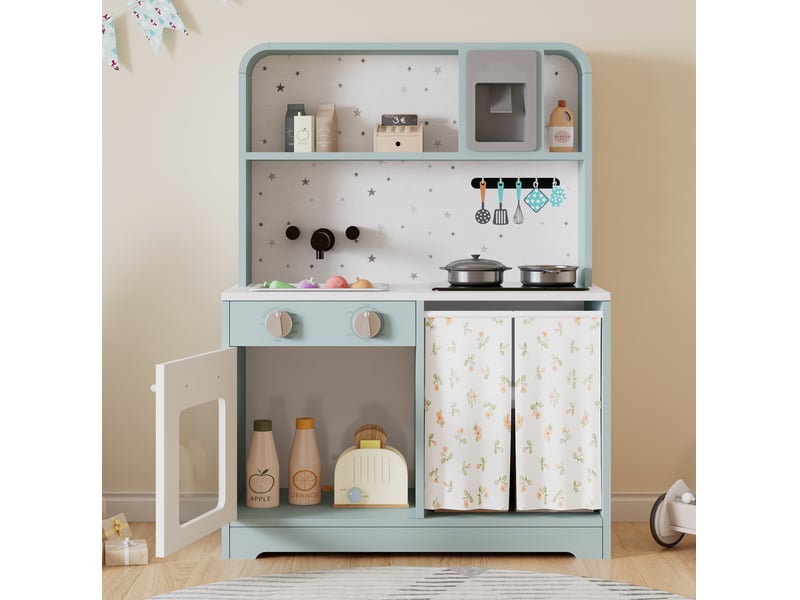 Cuisine enfant bleue en bois et plastique avec micro-ondes, accessoires et effets interactifs dès 3 ans - Conforama B