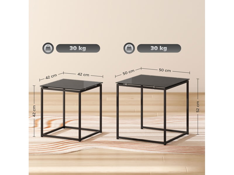 Tables basses gigognes 2 pièces avec plateaux en verre trempé et structure en acier noir, rangement compact pour salon - Conforama C