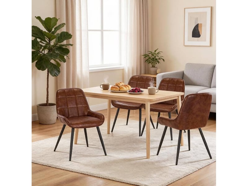  Lot de 4 chaises de salle à manger à dossier haut, assise rembourrée et pieds réglables en similicuir et métal marron  - Conforama E