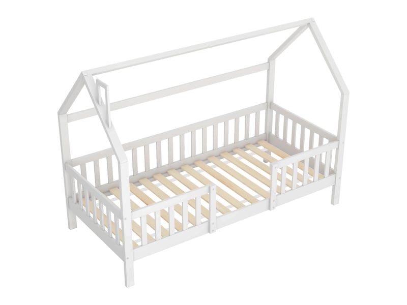  Lit cabane enfant 90x200 en bois, lit maison avec cheminée et barrière, sommier inclus, blanc classique pour garçons et filles  - Conforama R
