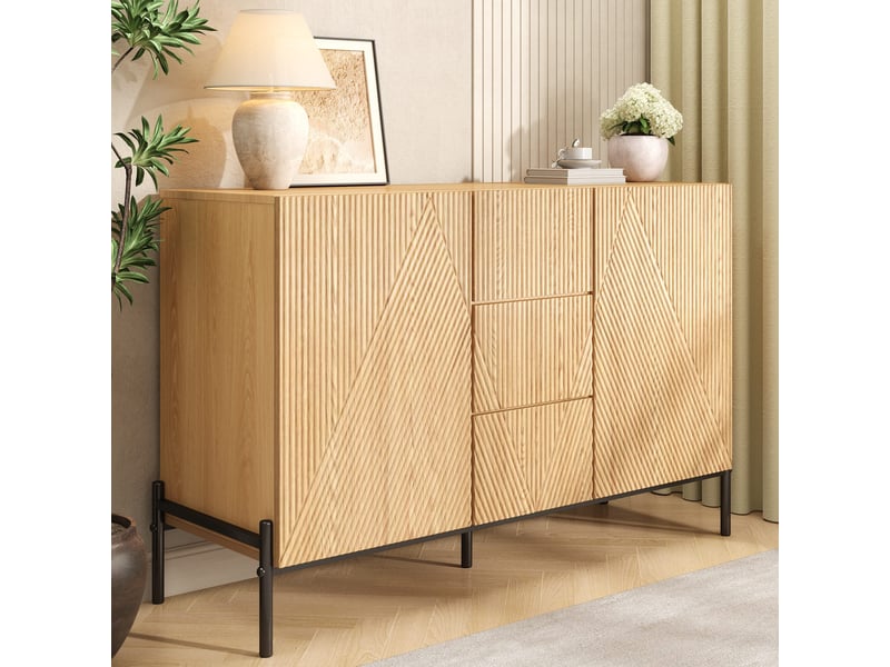  Buffet bahut salle à manger 115,5x40x76 cm, 2 portes, tiroir central, façades géométriques, grand rangement - naturel  - Conforama D