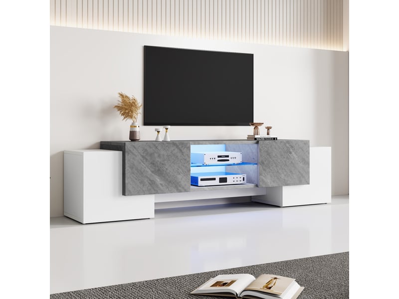  Meuble tv blanc et gris 180x40x46,5 cm – led, bluetooth, compatible tv 60-70 pouces  - Conforama B