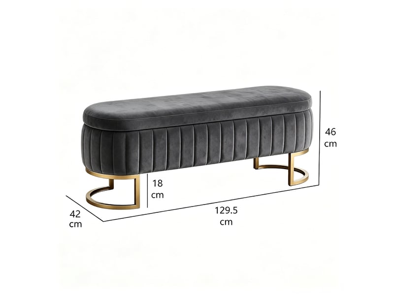  Banc de lit gris clair 130 cm en velours avec coffre et pieds en métal doré  - Conforama C
