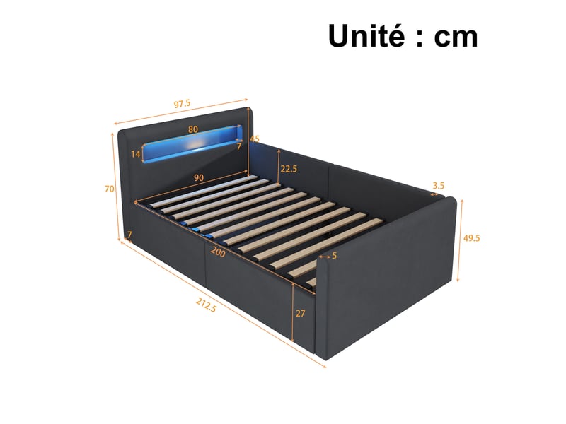  Lit coffre enfant 1 place 90x200 cm avec rangement hydraulique, led, usb et dossier réversible, gris  - Conforama D
