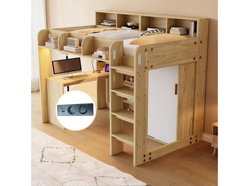 Lit enfant 90x200, garde-corps sécurité lit combine enfant, rangement intégré, bureau intégré, led intégrée, prise intégrée - Conforama E