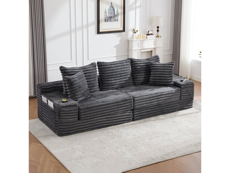 Canapé convertible 4 places en velours côtelé gris foncé, 273 x 98 x 87 cm, porte-gobelets, poches latérales, livré compressé, agencement modulable CARDUME ESTIVAL - Conforama B