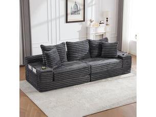 Canapé convertible 4 places en velours côtelé gris foncé, 273 x 98 x 87 cm, porte-gobelets, poches latérales, livré compressé, agencement modulable