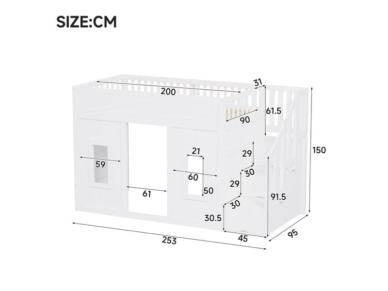  Lit mezzanine 90 x 200 cm avec escalier-rangement 3 compartiments, fenêtre et led, blanc, pin et mdf, 253 x 95 x 150 cm Fay Lum - Conforama C