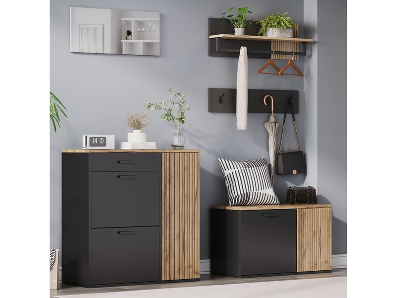  Ensemble d'entrée 5 pièces 85x36x85 cm + 80x36x48 cm, meuble à chaussures, banc et miroir, aggloméré, naturel et noir  - Conforama E