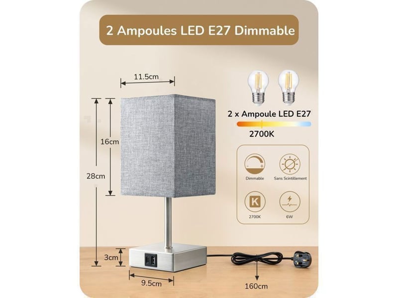  Lampe de chevet tactile dimmable set de 2 avec usb-c usb-a e27 2700k gris 28 cm 370618_AAAYP05880_6_DROPFR - Conforama D
