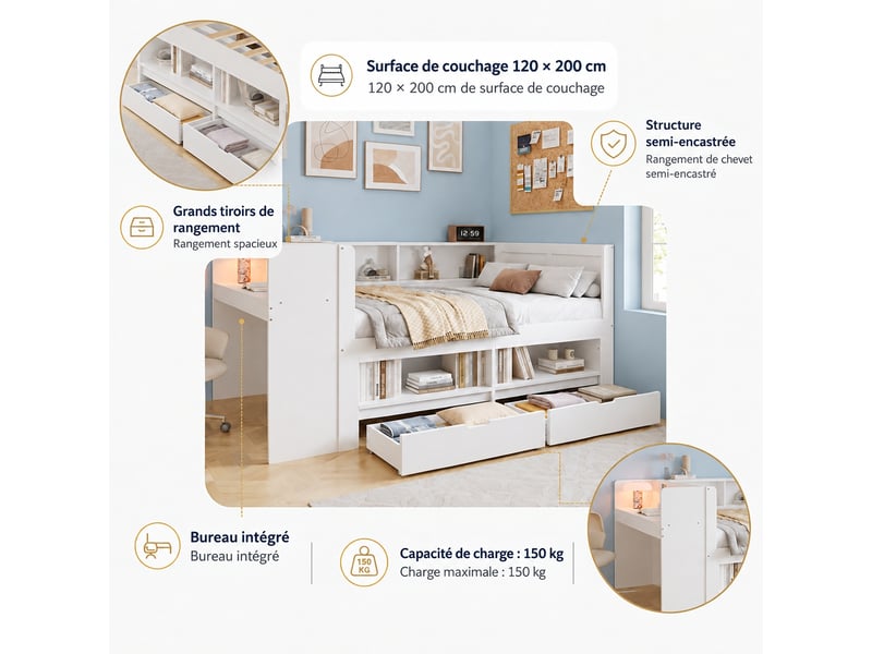 Lit blanc 120 x 200 cm avec bureau intégré, placard et 2 tiroirs - Conforama D