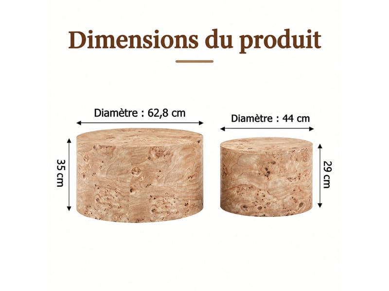  Lot de 2 tables basses gigognes rondes avec rangement, effet bois naturel en mdf, table d'appoint pour salon, ø 62,8 cm  - Conforama C