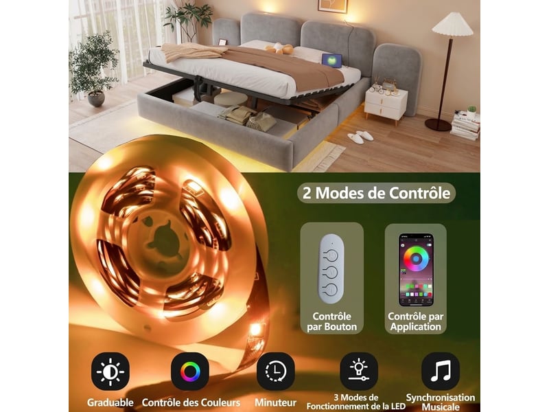  Lit double rembourré 180 × 200 cm en velours beige avec coffre hydraulique, éclairage led rgb, ports usb et type-c, tête de lit rembourrée et sommier à lattes  - Conforama W
