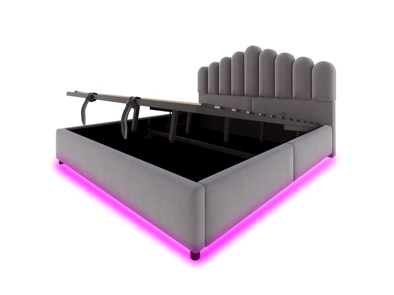 Lit coffre 180 × 200 cm 2 places avec led multicolore et rangement hydraulique, sans matelas, en velours gris - Conforama E
