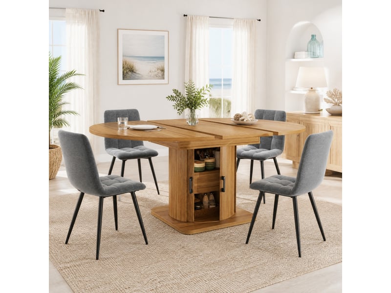  Ensemble table et chaises avec 1 table extensible et 4 chaises  - rangement - mdf et lin - brun foncé  - Conforama C