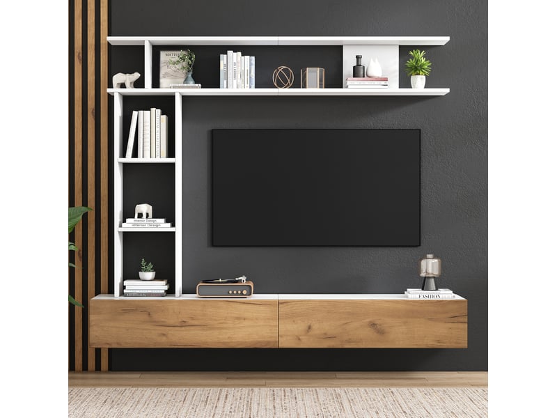  Ensemble mural tv 180x35x22,5 cm, 2 portes de rangement, pose murale ou au sol, panneau de particules, blanc et bois  - Conforama D