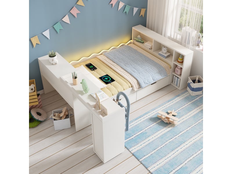  Lit enfant 90 x 200 cm avec 2 tiroirs, bureau coulissant, led, station de charge et tête de lit réversible, en bois blanc  - Conforama C